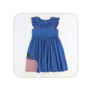Appliquéd Apple Ruffle Neck Dress - Blue Knit